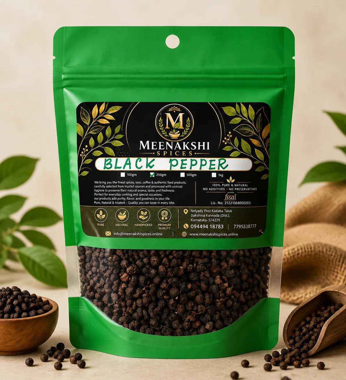 Meenakshi Spices Premium Kerala Black Pepper 250g Pouch