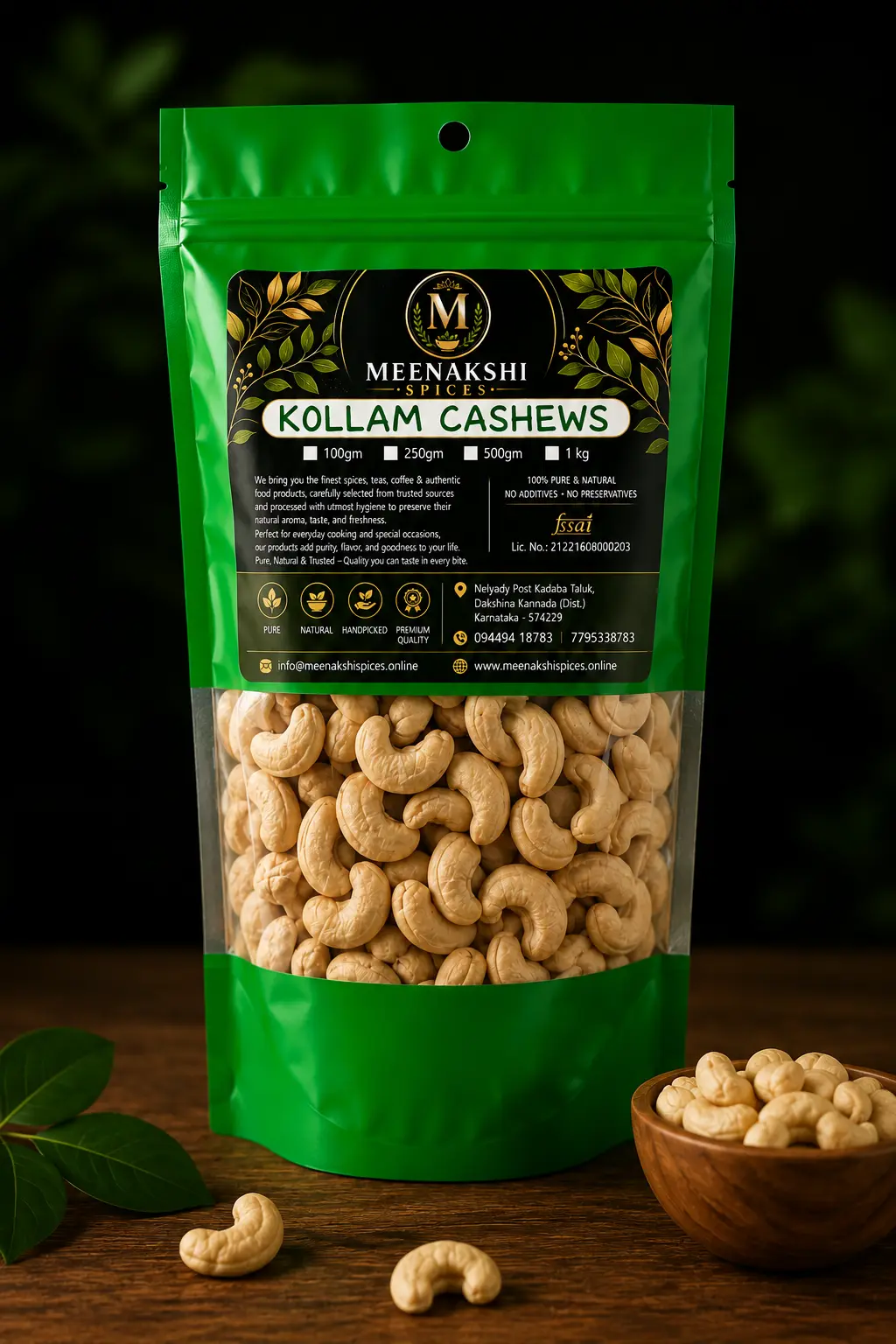 Premium Kollam Cashews (Whole W240/W320 Grade) – 250g